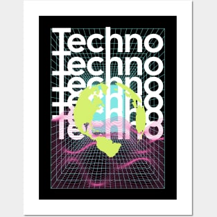 TECHNO  - Grid Globe (White/pink/lime) Posters and Art